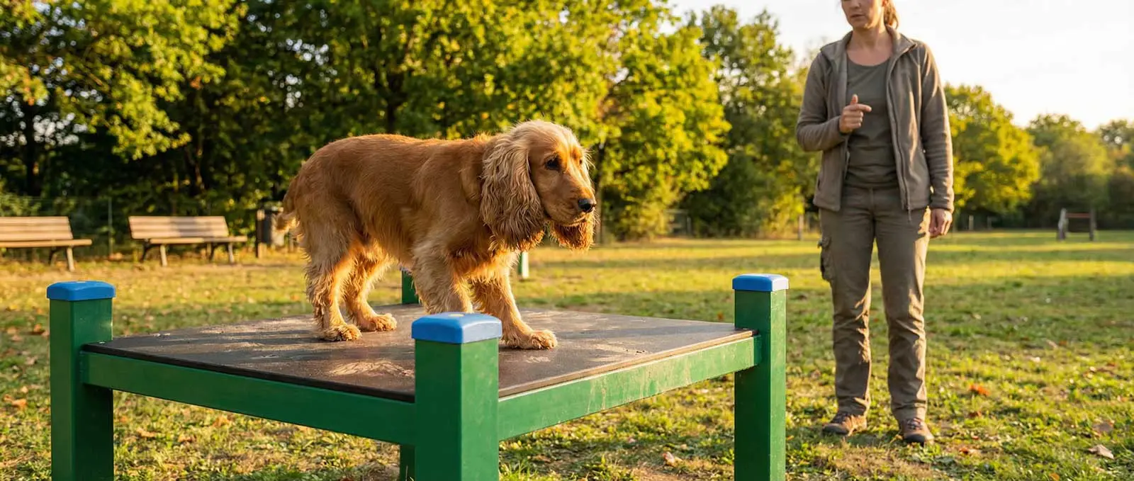 Chien effectuant un parcours d'agility dans un parc public