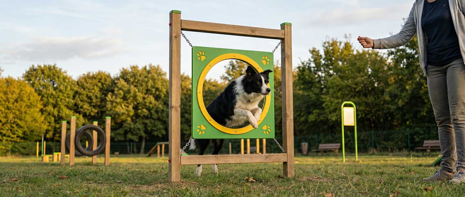 Parc d'agility canine avec chien en action dans une commune française