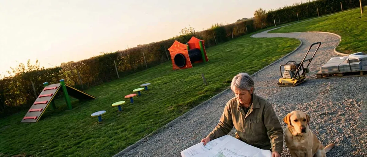 Agent technique consultant un plan près d'un caniparc en cours d'installation