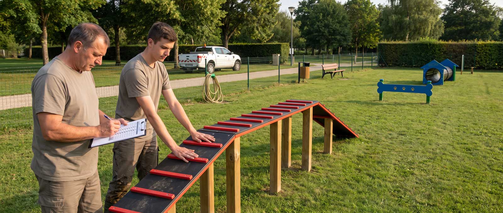 Agent technique municipal inspectant les équipements d'agility d'un parc canin