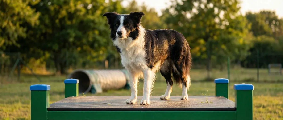 Focus sur la plateforme d'équilibre pour la proprioception en parc canin.