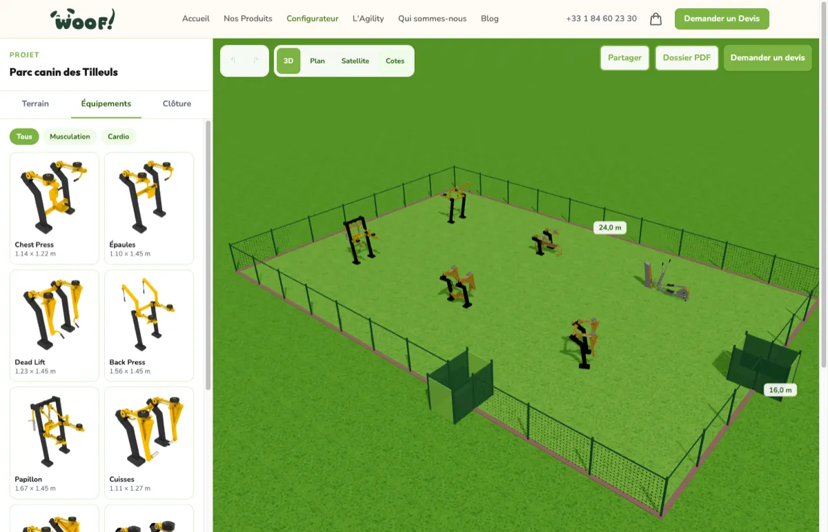 Aperçu du configurateur d'aire canine en 3D
